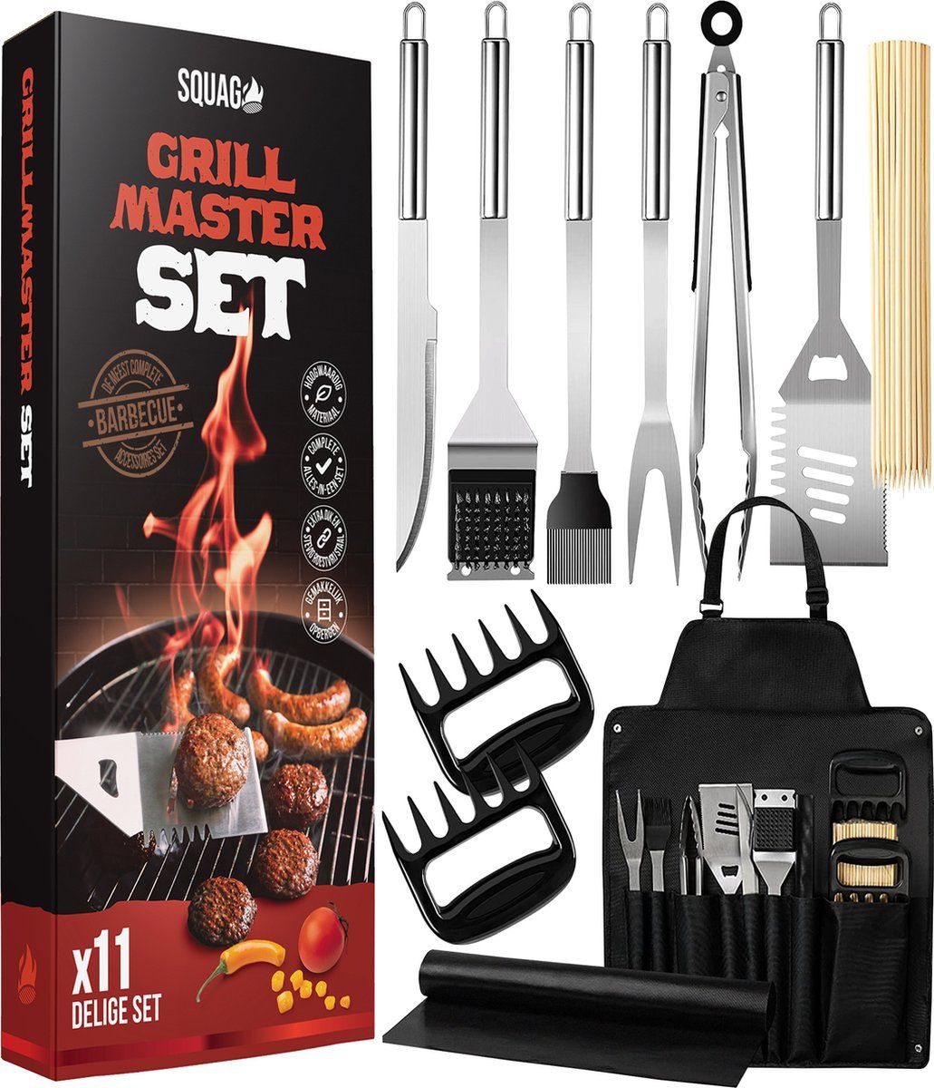 Squago BBQ Accessoires XXL Set met Schort - Gereedschapset met Tang Borstel Mat