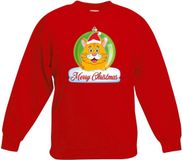 Bellatio Decorations Bol Kersttrui sweater voor kinderen - rood - Merry Christmas - oranje kat / poes kerstbal - kerstdiner kleding 110/116