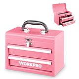 WORKPRO Metalen ladenbox met 2 laden en bovenste opbergruimte, roze, 27,5 x 15 x 20,8 cm, tafelorganizer met laden en handvat voor kantoor, kleedcabine en bureau, draagbare gereedschapskist