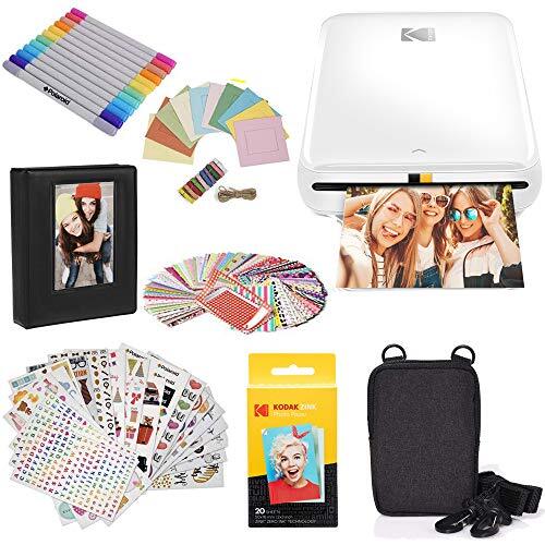 Kodak Step Instant Photo Printer met Bluetooth/NFC, 5,1 x 7,6 cm ZINK-fotopapier (Wit) Bundel: Etui, 20 Pack Zink-papier, Album, Stickers, Markers