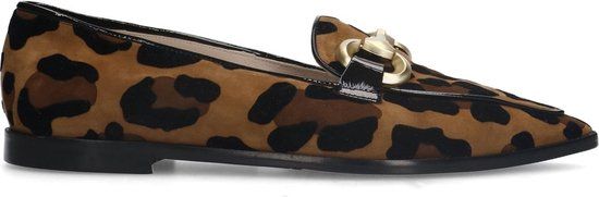 Manfield Dames Suède Panter Loafers met Gouden Chain - Beige - Maat 39