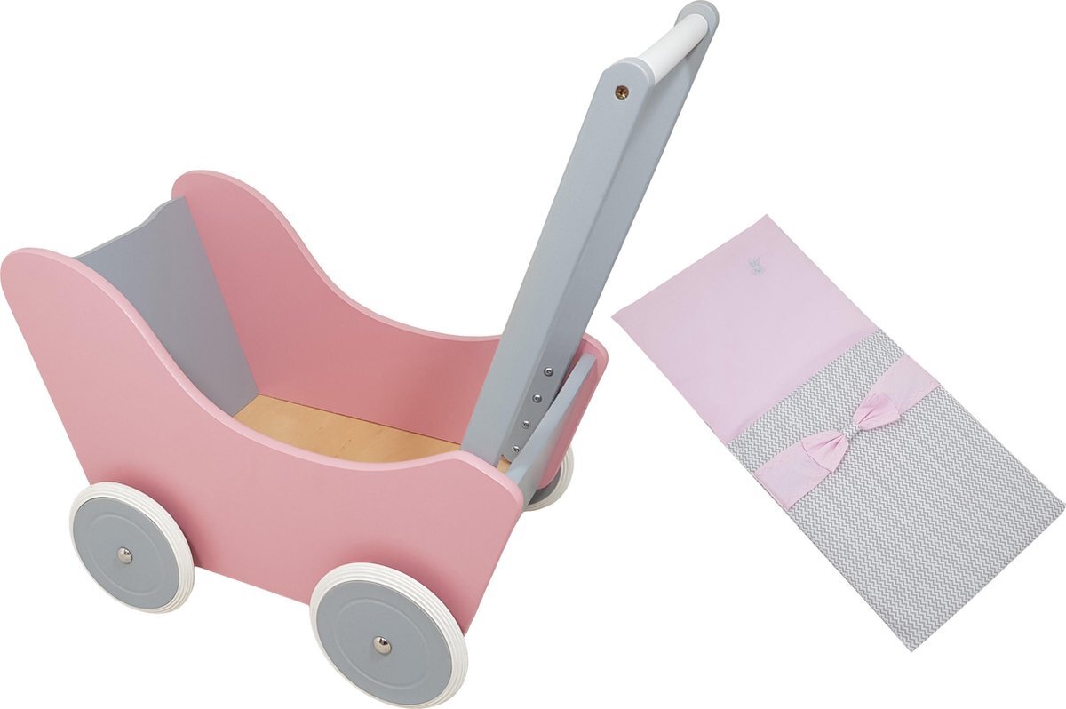 Playwood - Houten Poppenwagen Roze met zilver - inclusief grijs met roze dekje