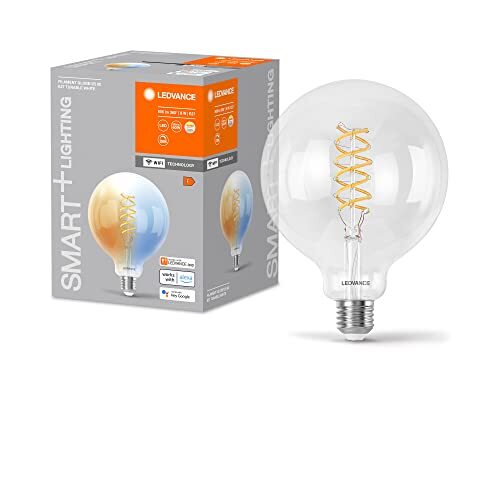 Ledvance SMART+ WIFI LED lamp, wit glas, 8W, 806lm, bolvorm met 125mm diameter & E27 voet, verstelbaar wit licht (2700-6500K), dimbaar, app of spraakbediening, 15.000 uur levensduur, pak van 4