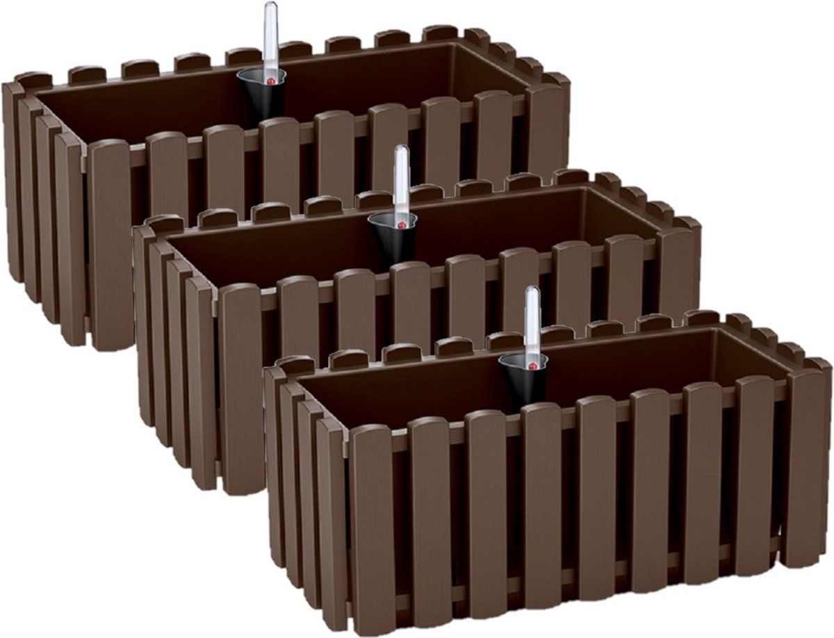 Prosperplast 3x plantenbakken/bloembakken kunststof 38 x 18 x 16 cm houtbruin met droogtemeter