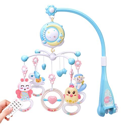 PAPABA Baby Rattle Schattige Cartoon Animal Rammelaar Baby Kalmerend Speelgoed Sensorische Trainer Licht en Muziek Blauw