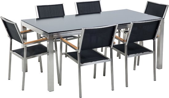 Beliani Tuinset glas/RVS zwart enkel tafelblad 180 x 90 cm met 6 stoelen zwart GROSSETO