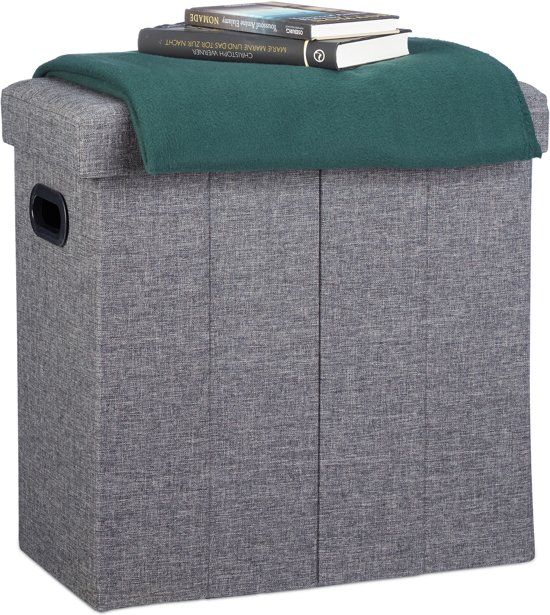 Relaxdays Opvouwbare Hocker - Linnen Poef - Opbergkist - Zitkist - Donkergrijs