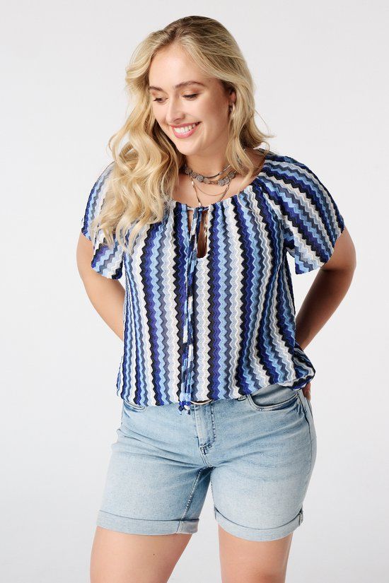 MS Mode Top met zigzag print - Lange kledinglengte - Korte mouw - Vlindermouw - Ronde hals - Jersey - Multi blue - Herfst/Winter - XXL