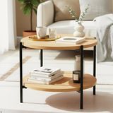 CLP Edduma Table basse - ronde - avec rangement - bois - table d'appoint - avec 2 niveaux - petit cadre en métal noir - 50 cm natura