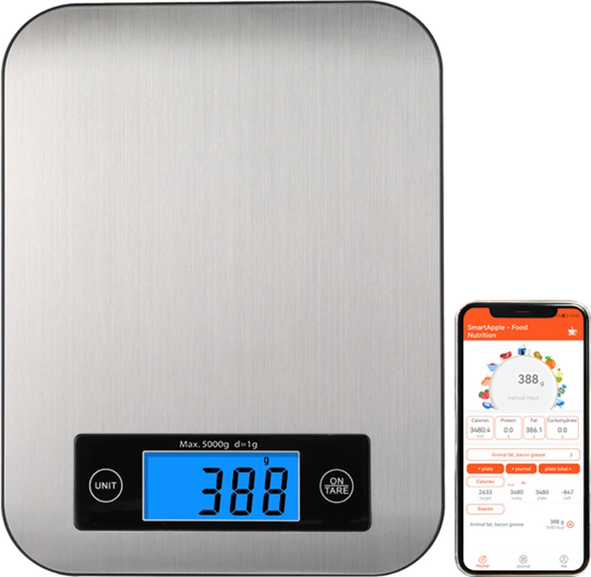 CoverMore Smart Nutrition Scale - Keukenweegschaal - Digitaal & Bluetooth - APP voor Android en IOS - Maximum Capaciteit 5 KG