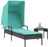 vidaXL Ligstoel met luifel en tafel zwart poly rattan