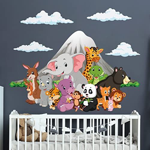 Ambiance Sticker Muursticker kinderen - Decoratie babykamer - muursticker kinderkamer - muursticker dieren aan de voet van de vulkaan - H90 x L60 cm