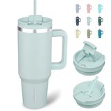 BJPKPK 1200 ml Geïsoleerde Beker met Deksel en Rietje, Roestvrijstalen Beker met Handvat voor Vrouwen en Mannen, Blauwe Waas