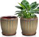 Merkloos Pots en Jardinières Céramique 15cm avec Trous de Drainage et Soucoupes Pots de Fleurs Décoratifs Rayés Pots de Fleurs Modernes pour Succulentes Cactées Orchidées de Couleur Marron
