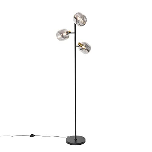 QAZQA - Modern Vloerlamp zwart met goud met smoke glas 3-lichts - Zuzanna | Woonkamer | Slaapkamer | Keuken - Glas Langwerpig - E14 Geschikt voor LED - Max. 3 x 25 Watt