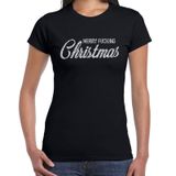 Bellatio Decorations Foute Kerst t-shirt - Merry Fucking Christmas - zilver / glitter - zwart - dames - kerstkleding / kerst outfit XS