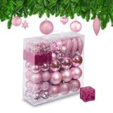 Relaxdays Kerstballen, 110 stuks, kunststof, D: 8 cm, met slinger, roze