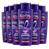 L'Oréal Paris Elvital Color Brillance Purple Silver Shampoo voor blond, highlight, grijs haar, neutraliseert gele tinten, 6 x 200 ml