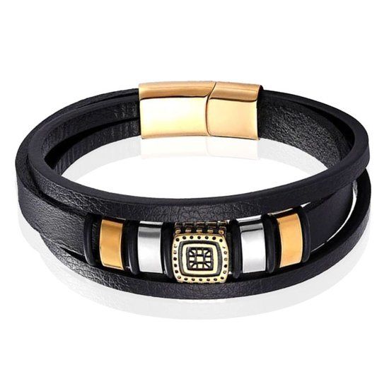 Mendes Jewelry Etnische Heren Armband Zwart Leer Goud Zilver Bedels 19cm