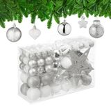 Relaxdays kerstballen set van 101, plastic, onbreekbaar, kerstboomversiering met ballen en kerstpiek, zilver/wit