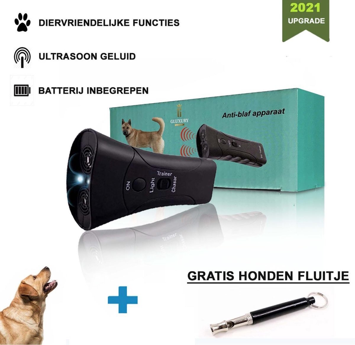 Gluxury Diervriendelijke Ultrasone Anti- blaf Apparaat 2020 + hondenfluitje - Anti blafband – Extra Snel van Blaffen af -Honden Training Blaffen – Hondentrainer zwart