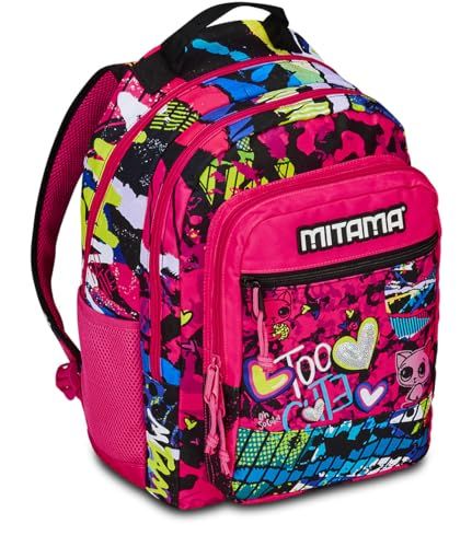 Mitama Rugzak met drievoudig Too Cute met voorvak, roze en zwart, basisschool en vrije tijd, meisjes, Roze, Eén maat, Rugzak