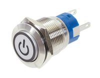 Blanko Metalen knop van roestvrij staal, wit verlicht symbool, stof- en waterdicht volgens IP 67 standaard, aan/uit-pictogram