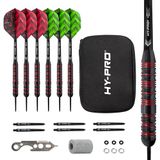 Hy-Pro Dartset - 22 g stalen tip darts, 6 x aluminium schachten, 6 x kunststof schachten, 12 flights, 6 x O'ringen, 6 x veerringen, dartslijper, dartgereedschap, met koffer, geweldig dartcadeau