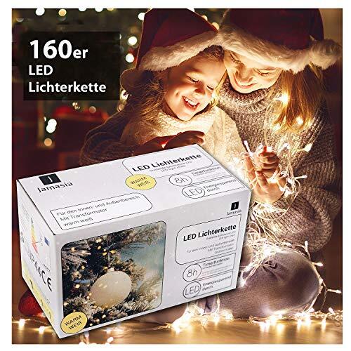 Jamasia 999102 Led-lichtketting met 160 ledlampen, warm wit, met transformator en 8 uur timerfunctie, voor binnen en buiten, groene kabel, lengte 23,90 m, toevoer 8 m, LED-afstand 10 cm, GS-getest