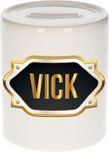 Bellatio Decorations Shoppartners Bv Spaarpot met voornaam Vick - wit - met goud/zwart embleem - 8 x 9 cm - keramiek - met afsluitdop - cadeau verjaardag