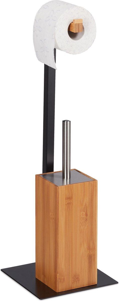 Relaxdays wc rolhouder - toiletborstelset - bamboe - zwart/zilver/lichtbruin