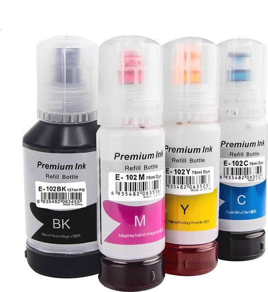 Ink Power Refill Inkt voor Epson EcoTank 102 | Multipack van 4 flessen inkt E102 geschikt voor Epson Ecotank ET-2700, ET-2750, ET-2751, ET-2756, ET-3700. ET-3750 en ET-4750