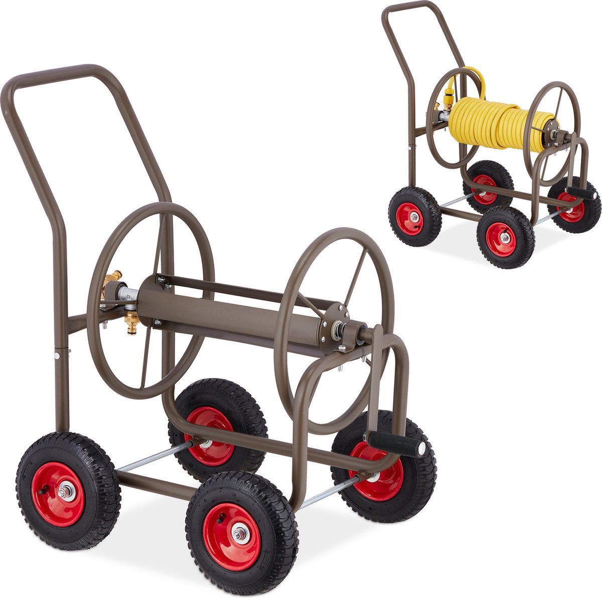 Relaxdays Slangenwagen - Zonder Slang - Tuinslanghouder Staal - Zwart/Bruin/Rood