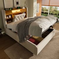 Merax 90x200 cm gestoffeerd bed met LED-verlichting - met USB/Type-C oplaadfunctie - met opbergruimte - beige - zonder matras