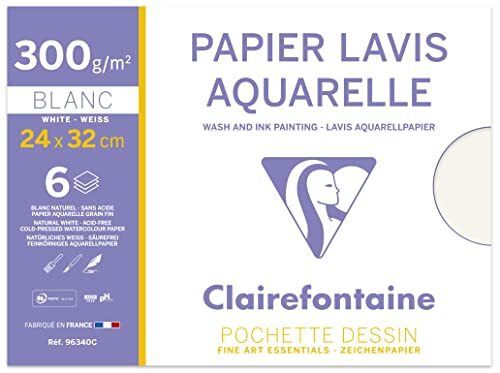 Clairefontaine 96340C Map aquarelpapier (ideaal voor neustechnieken, 300 g, 24 x 32 cm, 6 vellen) wit