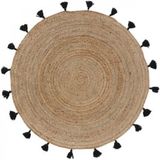 DOUCEUR D'INTERIEUR Rond vloerkleed jute - Ø120 cm - Zandkleur/Naturel met zwarte kwastjes