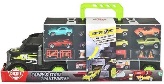 Dickie Toys Carry & Store Transporter speelgoedvrachtwagen voor het opbergen van 28 speelgoedauto's, incl. 4 auto's, incl. accessoires, met oprijplaat, voor kinderen vanaf 3 jaar, zerowaste verpakking