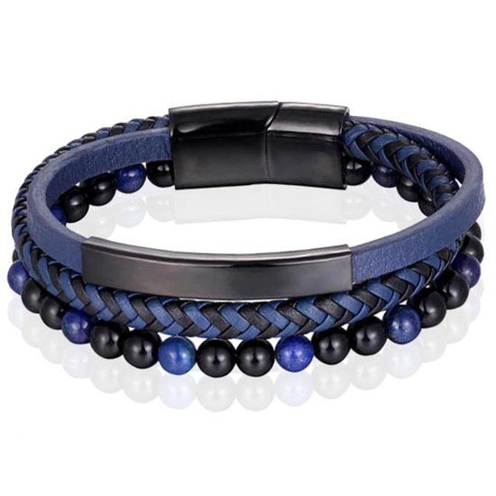 Memphis Heren armband Memphis Tijgeroog kraal gevlochten leer Zwart Blauw - 19cm