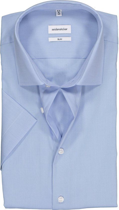 Seidensticker Slim Fit Overhemd - Korte Mouw - Lichtblauw - Maat 37