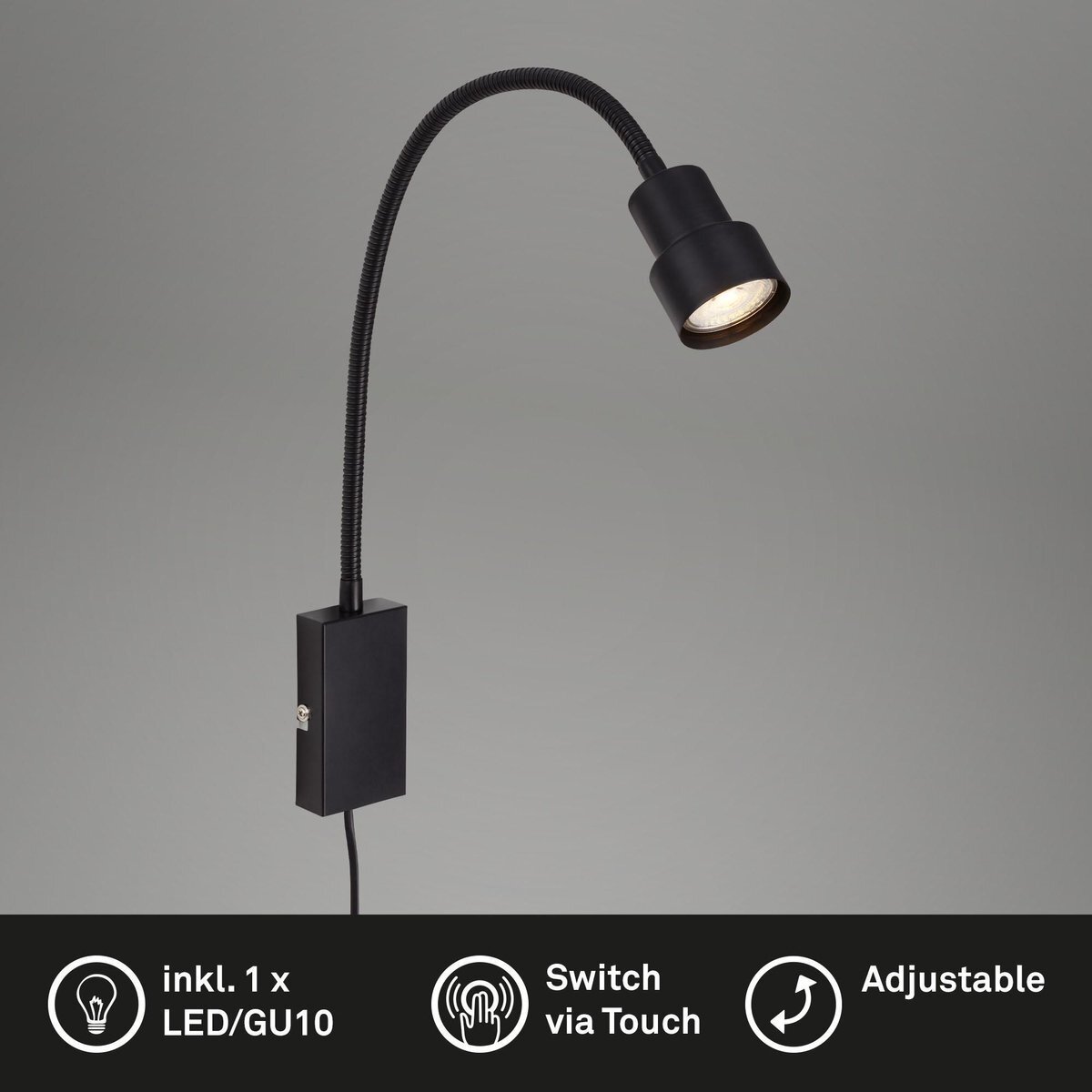 Briloner Leuchten - TUSI bedlamp touch functie metaal zwaart 1xLED-GU10 5W 400lm 3000K flex arm aan/uit schakelaar