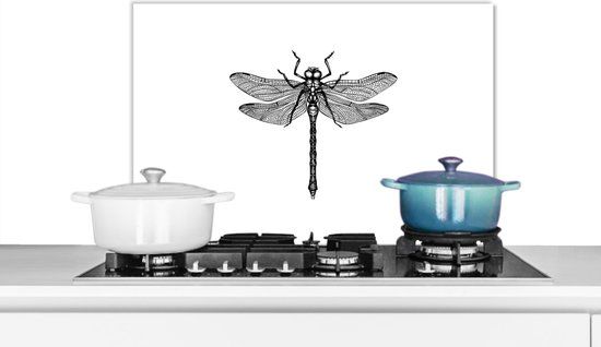 KitchenYeah Spatscherm keuken 70x50 cm - Kookplaat achterwand Libelle - Insecten - Retro - Zwart wit - Aluminium