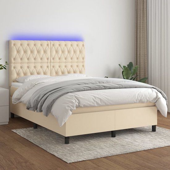 vidaXL Boxspring met matras en LED stof crèmekleurig 140x190 cm