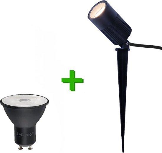 Lybardo Tuinspot - Prikspot buiten - Grondspot - Napels - Zwart - IP65 - Met snoer zonder stekker + GU10 LED spot - 2.4 watt - 2700K warm wit