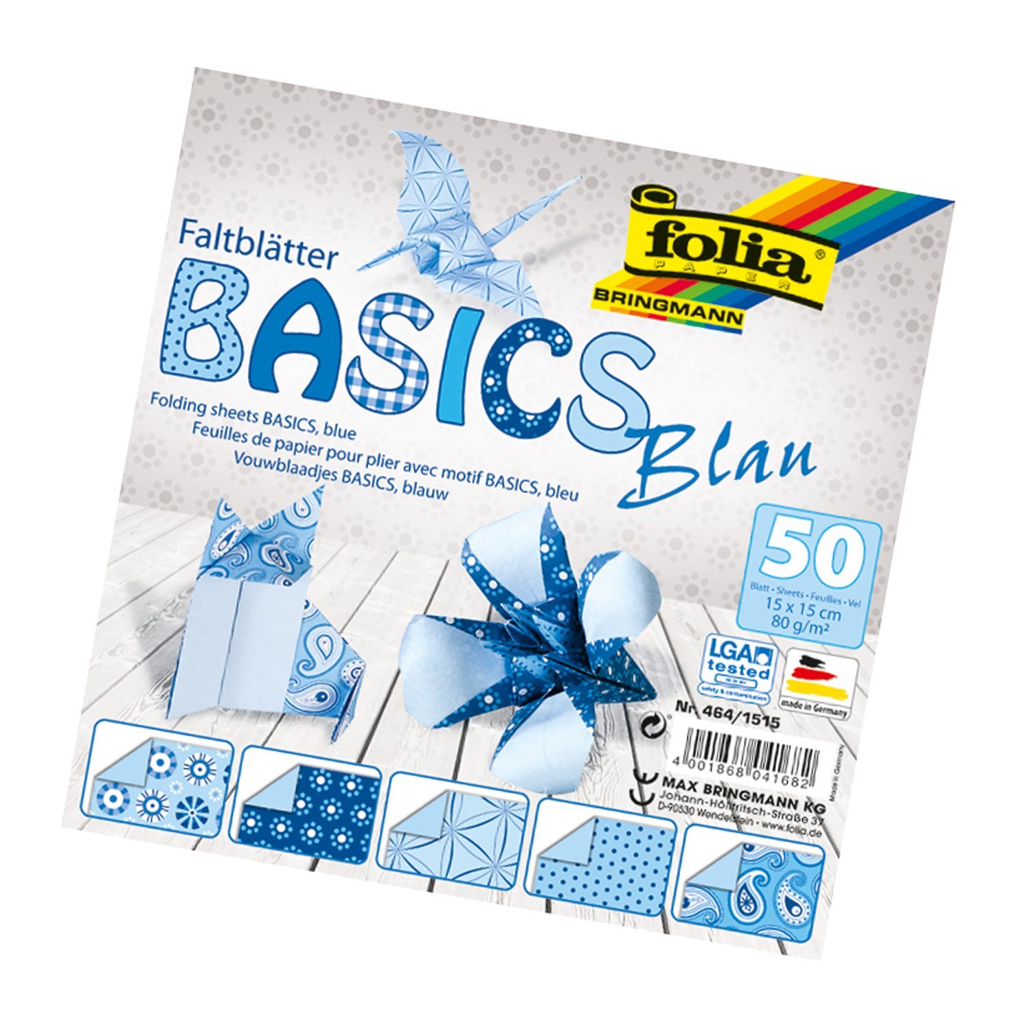 Folia vouwbladen Basics 80 g/m², 50 vellen gesorteerd in 5 motieven 15 x 15 cm blauw