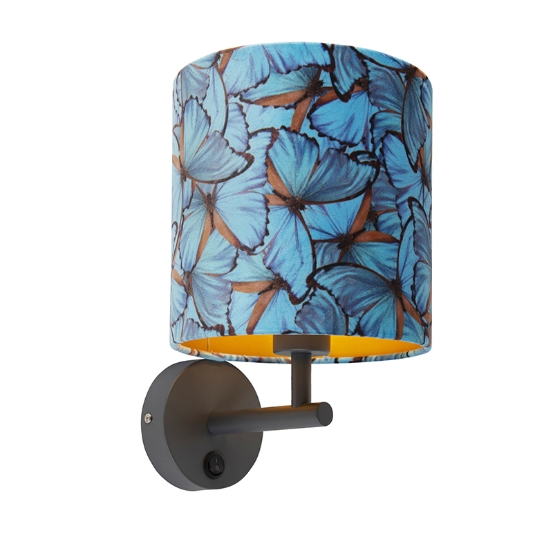 QAZQA Strakke wandlamp donkergrijs met kap velours 20/20/20 vlinder - goud