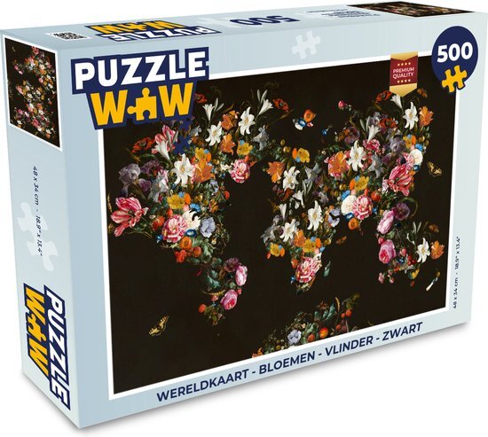 MuchoWow Puzzel Wereldkaart - Bloemen - Vlinder - Zwart - Legpuzzel - Puzzel 500 stukjes