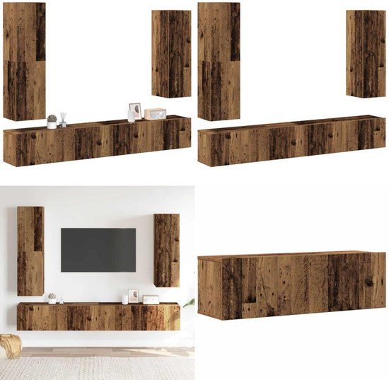 vidaXL 4-delig Tv-meubelset wandmontage bewerkt hout oud houtkleurig