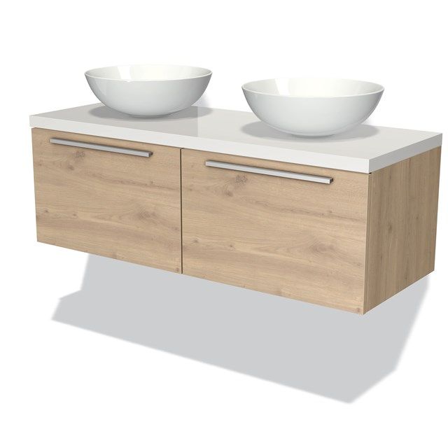Maxaro Badkamermeubel voor Waskom 120cm Modulo Plato Lichtbruin Eiken 2 Lades Vlak Hoogglans Wit Blad