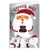 Kerstmankaart, vrolijk kerstfeest, glanzend, met witte envelop, formaat 12 x 17,5 cm, kattenhond, dieren, hoed, cadeau, winter, beste wensen voor kinderen, wijze, gemaakt in Frankrijk