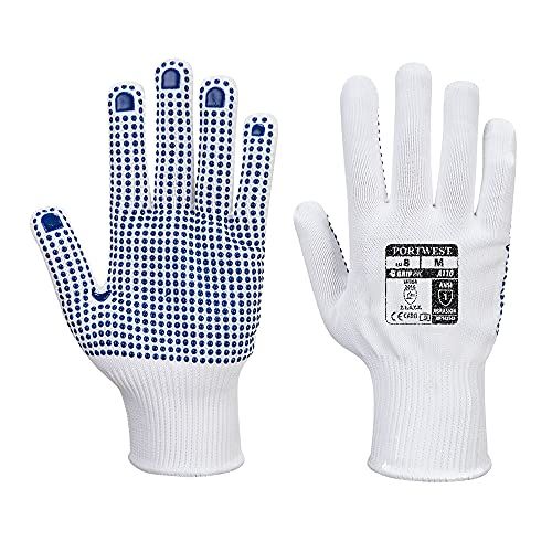 Portwest A110 Nylon Polka Dot Glove, M, White/Blue